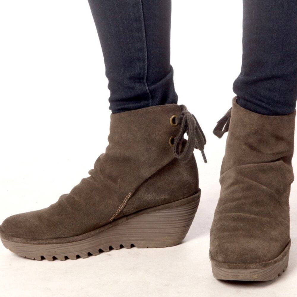FLY LONDON‎ | Yebi Wedge Boot Booties Shoes Brown Taupe Tie | Size 38, US 7.5-8